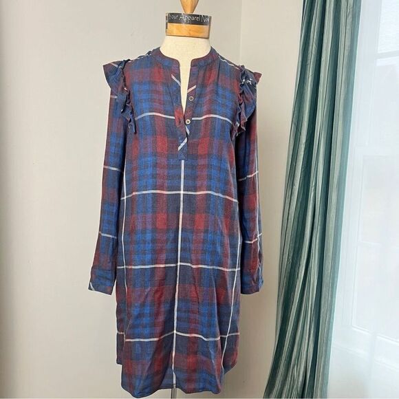 Anthropologie Cloth & Stone Long Sleeve Plaid Shirt Side Ruffle Dress Sz XS (554 - Picture 2 of 10